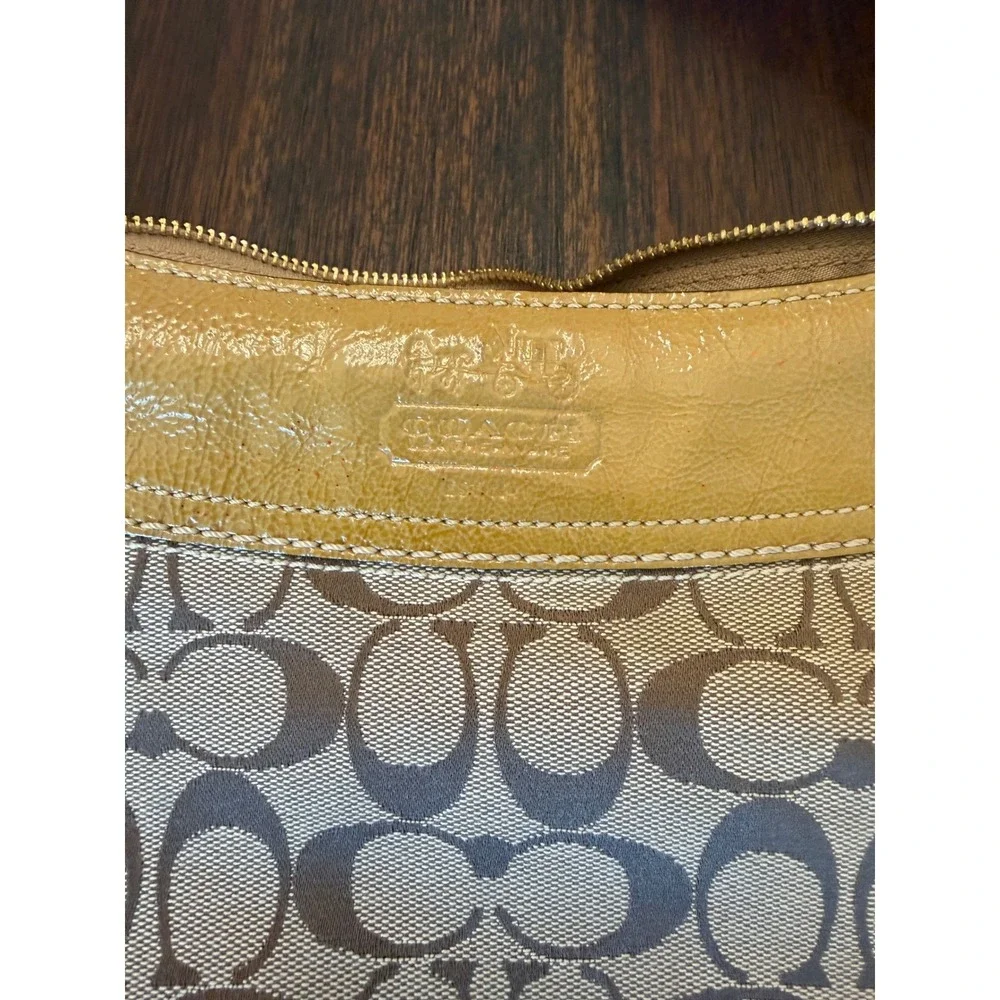 Coach Signature Jacquard Hobo Bag Yellow Patent Leather Trim Khaki Monogram